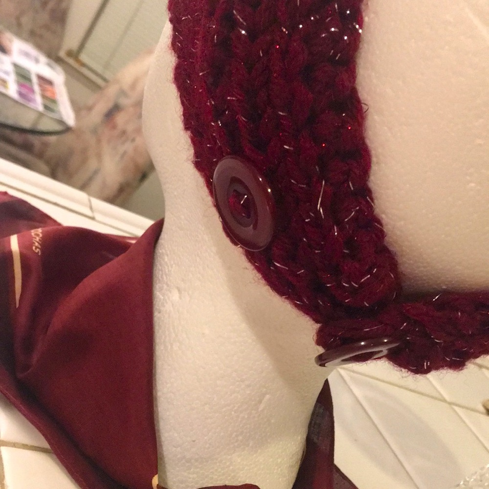Burgundy Metallic Knit Wide Headband/Hat with Feather & Beaded Accent - Picture 5 of 10